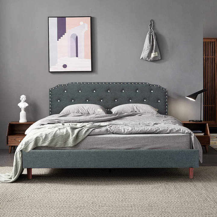 Upholstered Queen/Full Size Bed Frame w/ Adjustable Headboard, Crystal Tufted Soft Platform Bed Frame w/ Wooden Slats