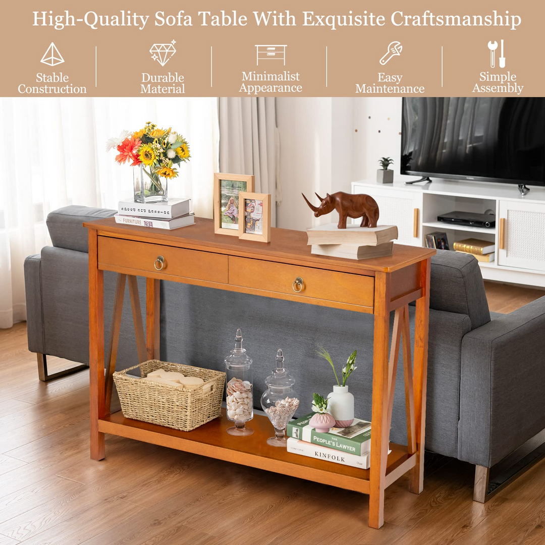 Console Table Entryway Sofa Side Table with 2 Drawers &amp; Open Shelf