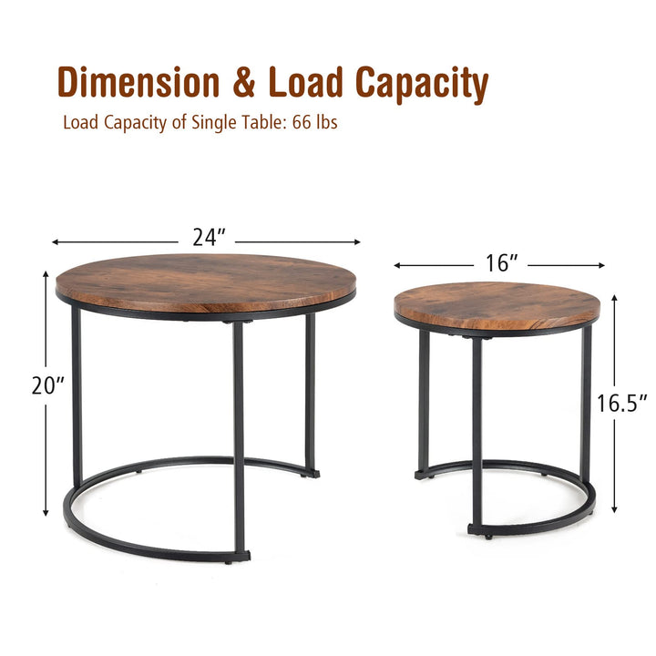 Nesting Coffee Table Set of 2, Round Stacking Side Tables w/Wooden Tabletop &amp; Steel Frame