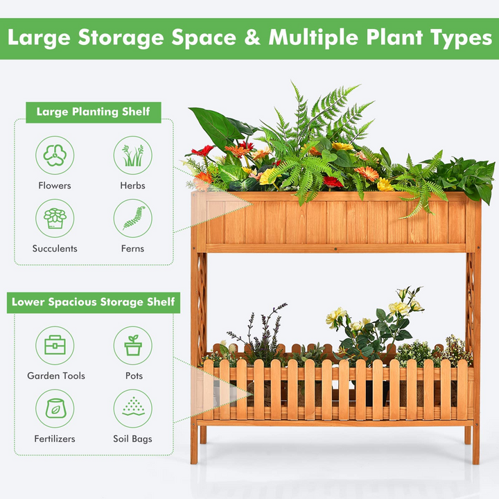 2-Tier Wood Potted Plant Rack with Fence