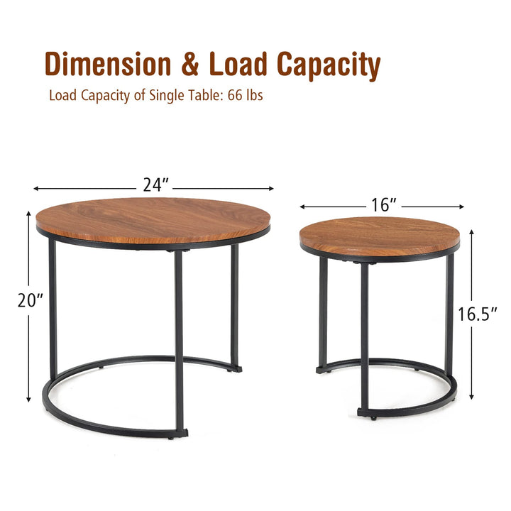 Nesting Coffee Table Set of 2, Round Stacking Side Tables w/Wooden Tabletop &amp; Steel Frame