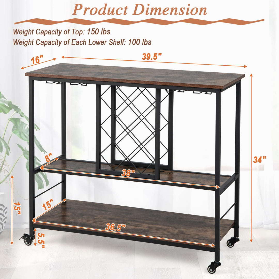Giantex 3-Tier Wine Bar Cabinet - on Wheels, 8 Bottles Rack &amp; 12 Glasses Hanger (Rustic Brown &amp; Black)