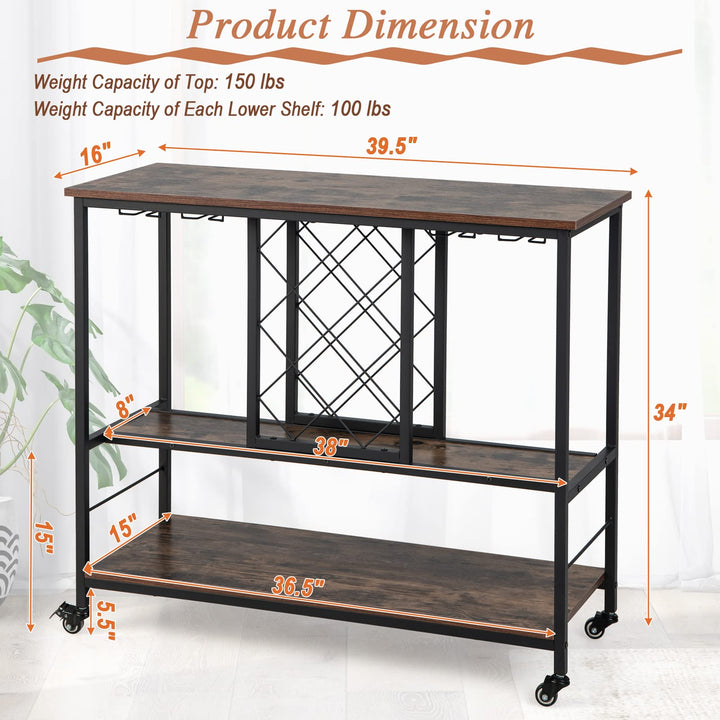 Giantex 3-Tier Wine Bar Cabinet - on Wheels, 8 Bottles Rack &amp; 12 Glasses Hanger (Rustic Brown &amp; Black)
