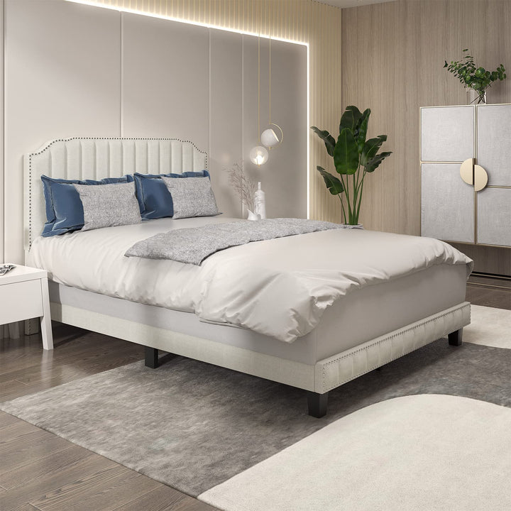 Giantex Queen/Full/Twin Size Upholstered Bed Frame, Linen Platform Bed w/Rivet Headboard, Heavy Duty Mattress Foundation