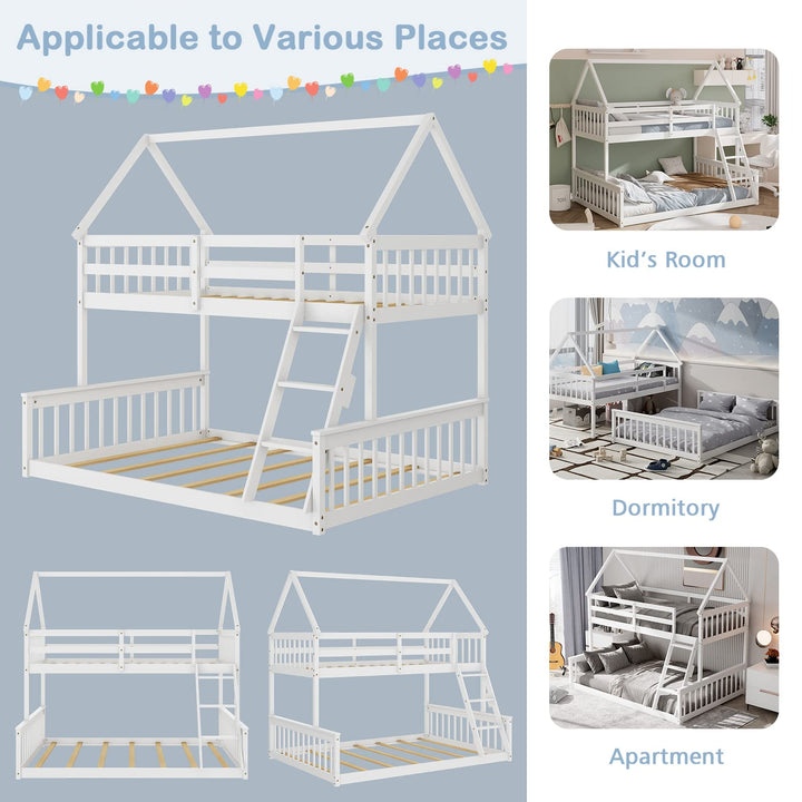 Giantex Twin Over Full House Bunk Bed, Floor Low Bunk Bed Frame w/Integrated Ladder &amp; Safety Guardrails