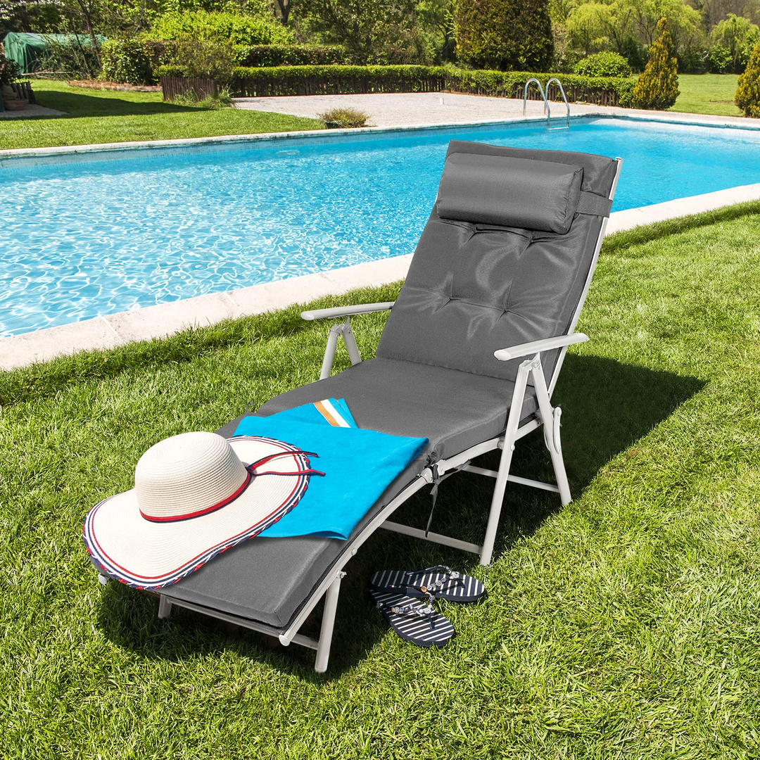Pool Folding Reclining Beach Chair W/Removable Cushion&amp;Headrest Pillow