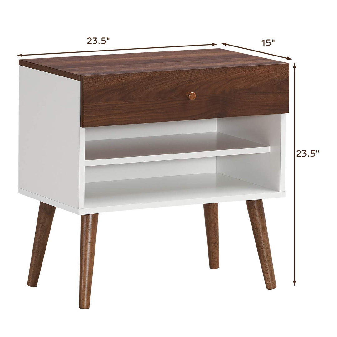 Nightstand with Drawer and Storage Shelves &amp; Rubber Wood Legs, Brown&amp;White