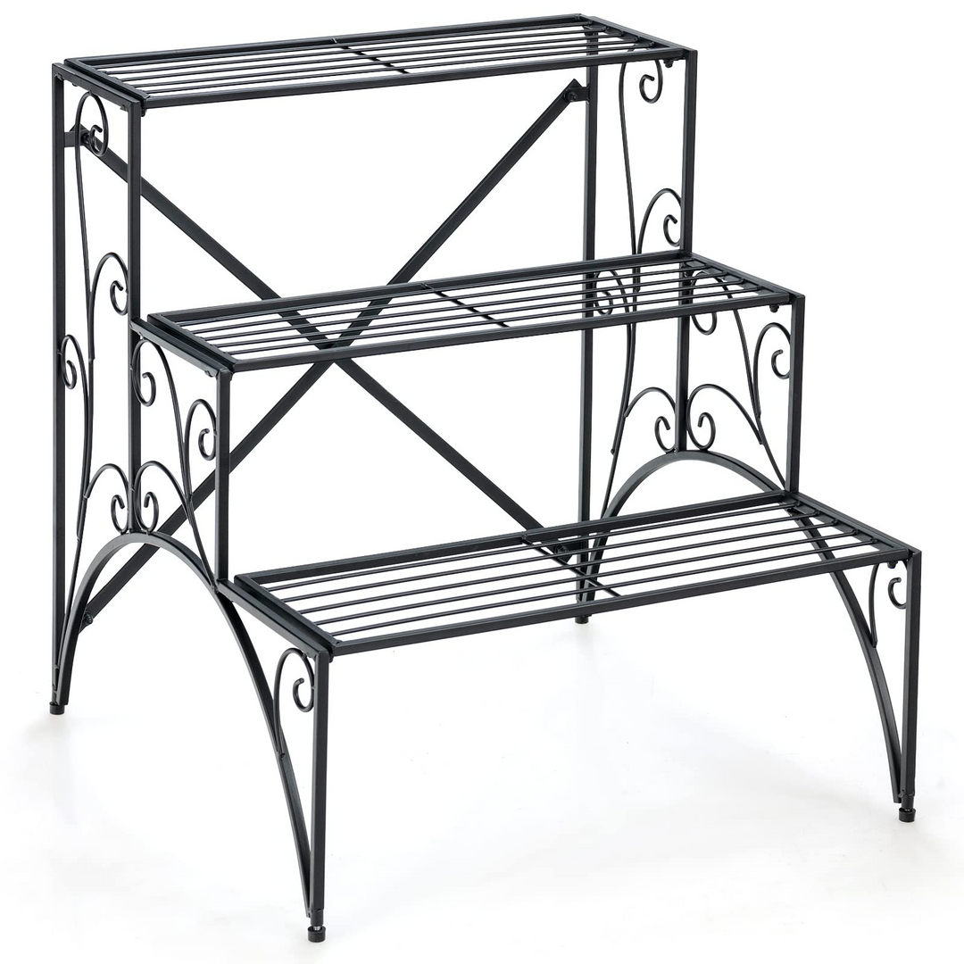Ladder Style Flower Pot Stand with Widened Grid Shelf &amp; Non-Slip Foot Pads, 3 Tier
