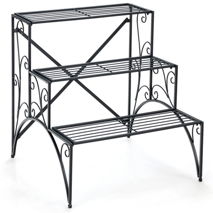 Ladder Style Flower Pot Stand with Widened Grid Shelf &amp; Non-Slip Foot Pads, 3 Tier