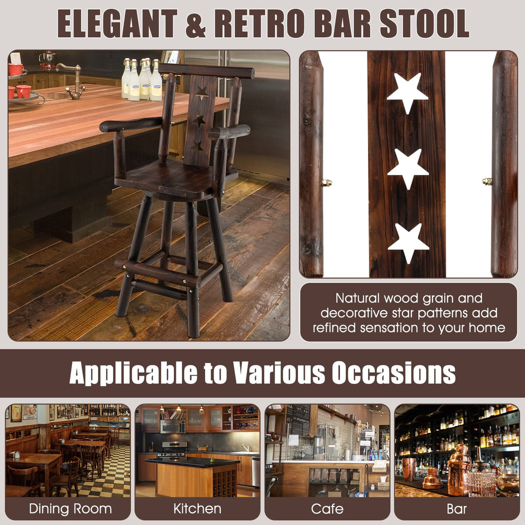 Brown Bar Stool, 29’’ Solid Fir Wood Bar Chair with Footrest, Decorative Star Backrest, Wide Armrest, Rustic Kitchen Stool