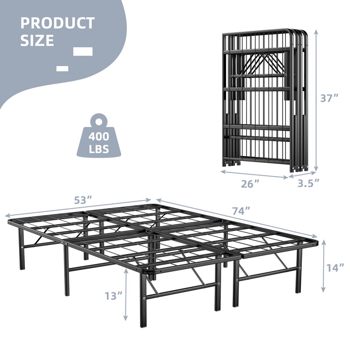 Queen/Full/Twin Size 14 Inch Foldable Metal Mattress Foundation | Heavy Duty Bed Frame with Steel Slat