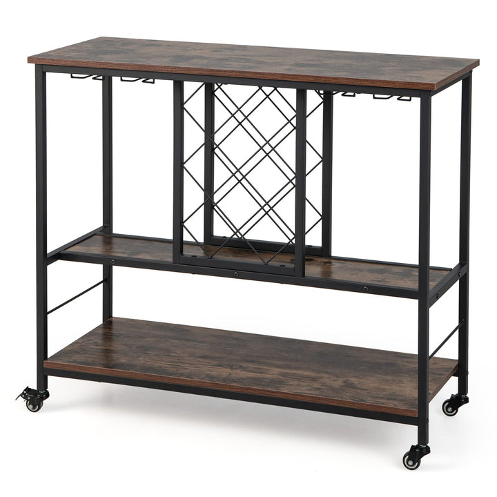 Giantex 3-Tier Wine Bar Cabinet - on Wheels, 8 Bottles Rack &amp; 12 Glasses Hanger (Rustic Brown &amp; Black)