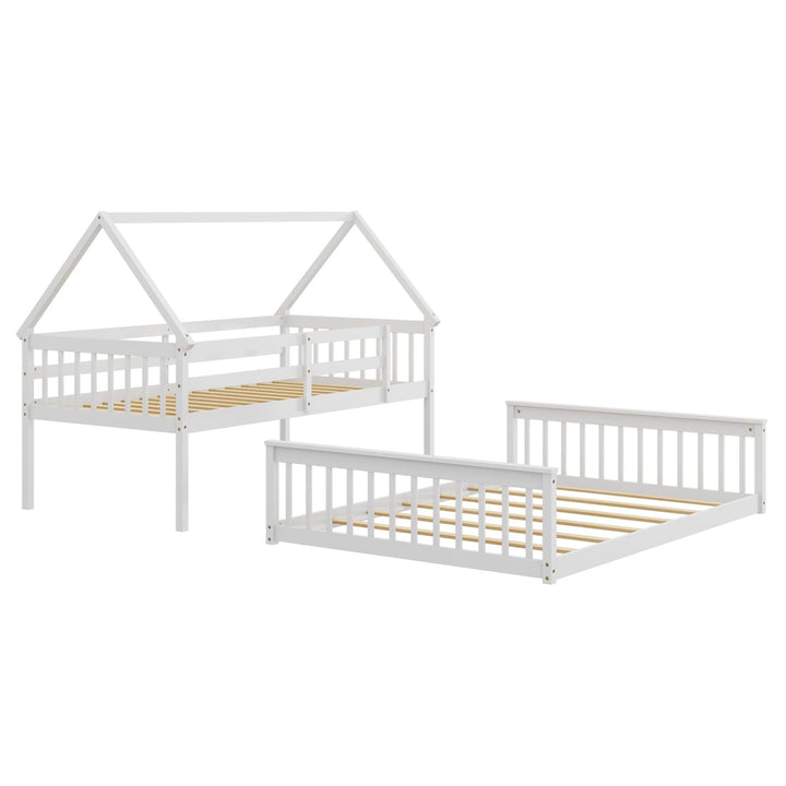 Giantex Twin Over Full House Bunk Bed, Floor Low Bunk Bed Frame w/Integrated Ladder &amp; Safety Guardrails
