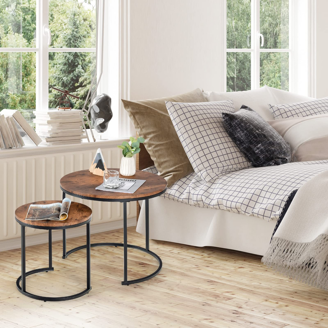 Nesting Coffee Table Set of 2, Round Stacking Side Tables w/Wooden Tabletop &amp; Steel Frame