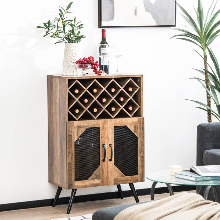 Giantex Farmhouse Buffet Cabinet with Storage, Wine Bar Cabinet 11 Bottles Rack (Brown &amp; Black)