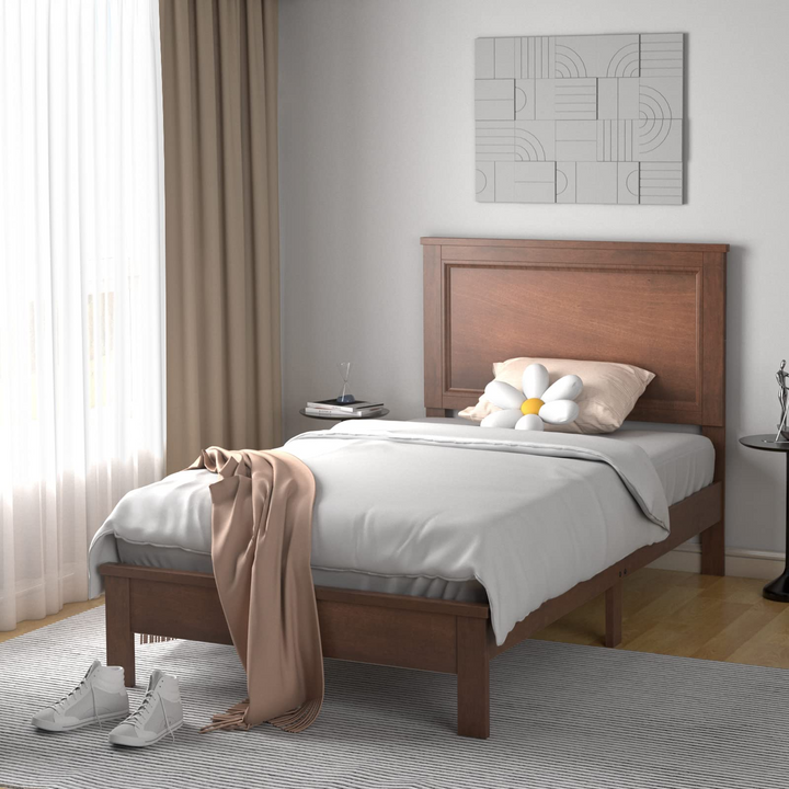 Queen/Full/Twin Size Platform Bed w/ Rubber Wood Legs &amp; Integrated Headboard | Wooden Bed Frame
