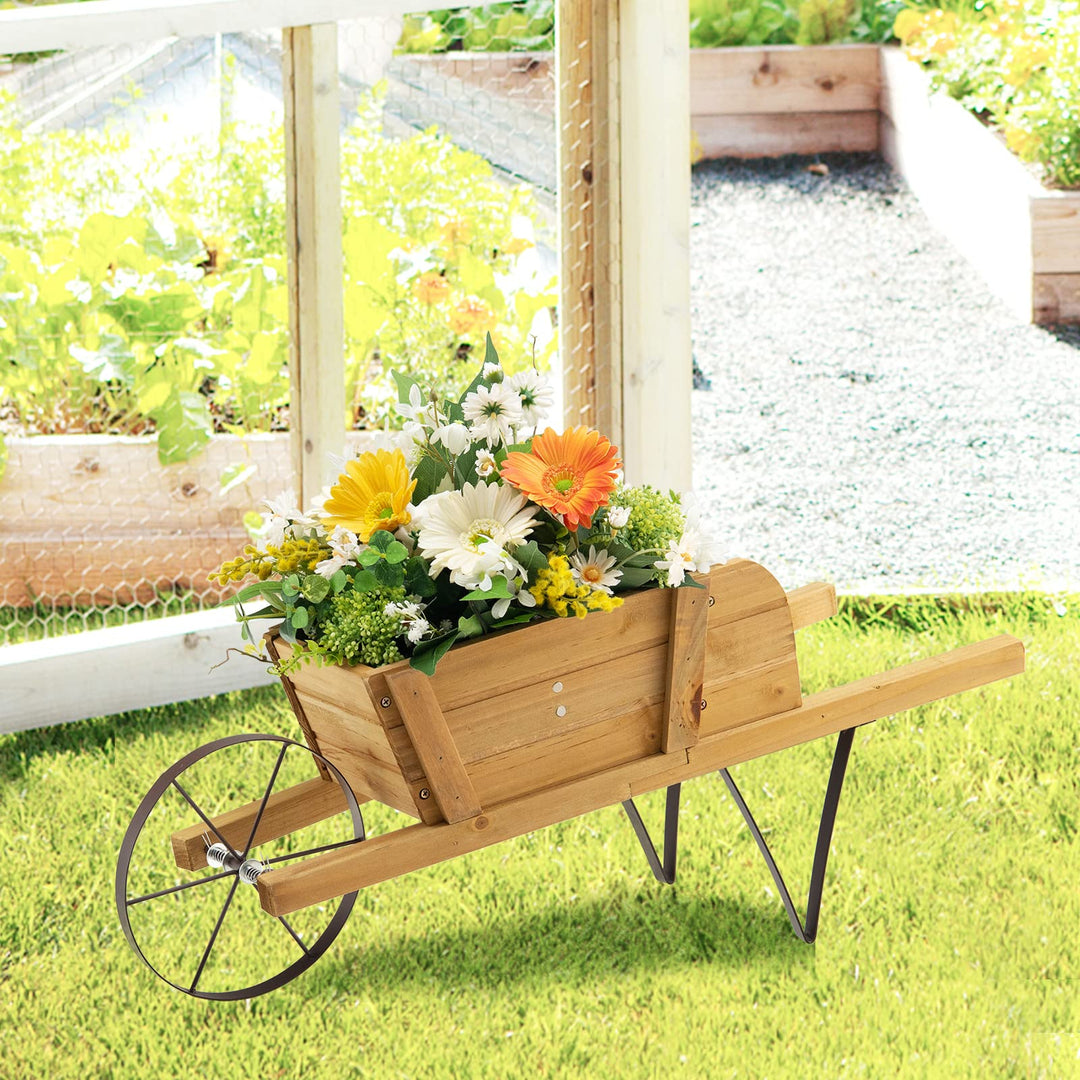 Giantex Wooden Wagon Planter, Small Wheelbarrow Wagon Flower, Indoor &amp; Outdoor Raised Bed