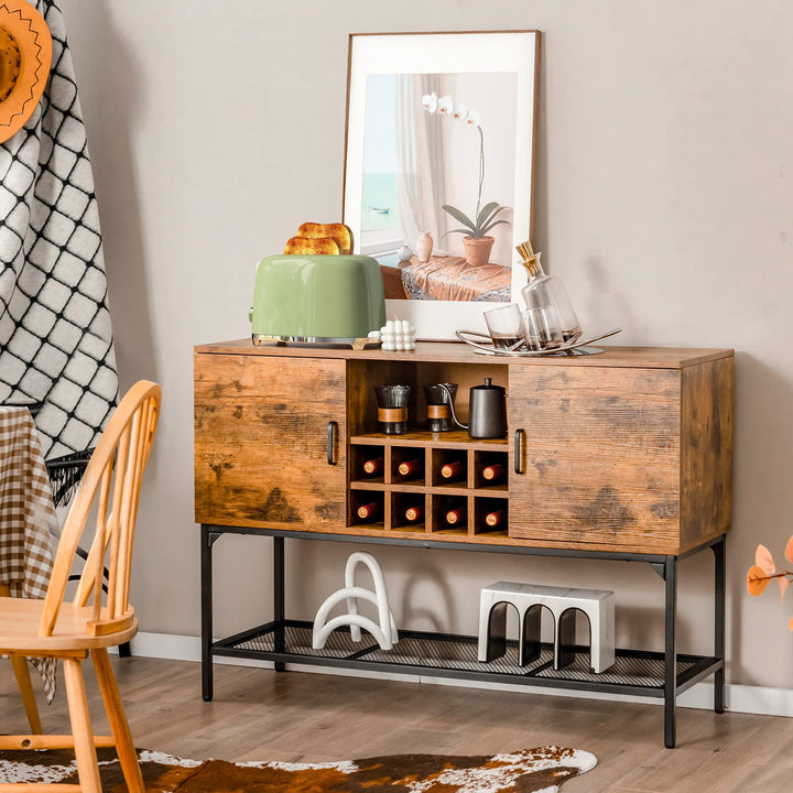 Giantex Industrial Buffet Sideboard, Freestanding Kitchen Cupboard with Wine Rack (Rustic Brown &amp; Black)