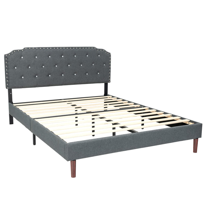 Upholstered Queen/Full Size Bed Frame w/ Adjustable Headboard, Crystal Tufted Soft Platform Bed Frame w/ Wooden Slats