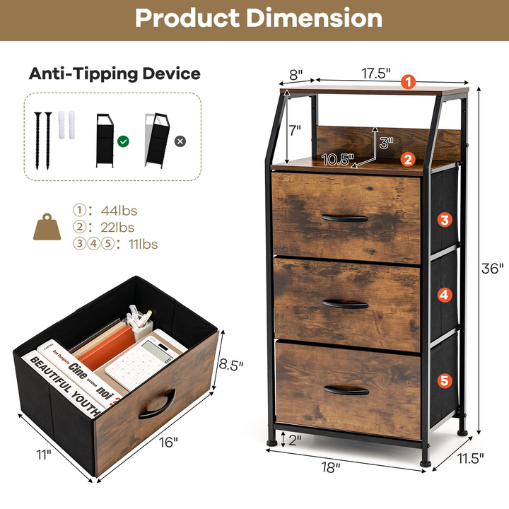 Giantex 3 Drawers Dresser, Storage Tower w/ 3 Foldable Fabric Drawers &amp; Open Shelves
