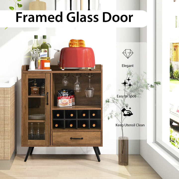 Giantex Buffet Sideboard with Drawer, Wine Cabinet for 8 Bottles, Glass Holder, 3 Tier Cupboard Tempered Glass Door (Rustic Brown &amp; Black)