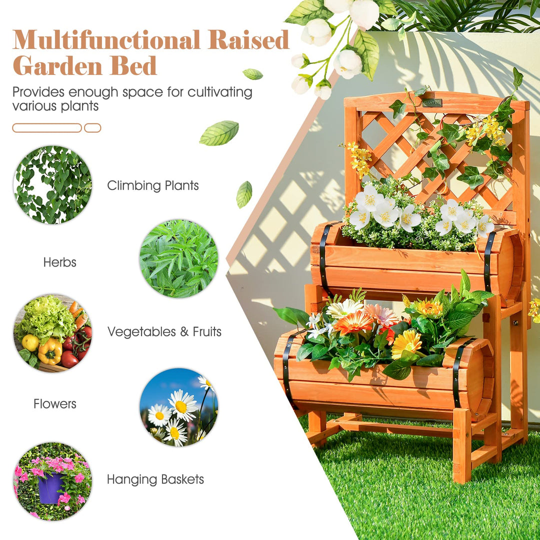Giantex Raised Garden Bed with 2 Barrel Planters &amp; Trellis, 2-Tier Freestanding Wooden Raised Bed for Vegetable Flower Fruit