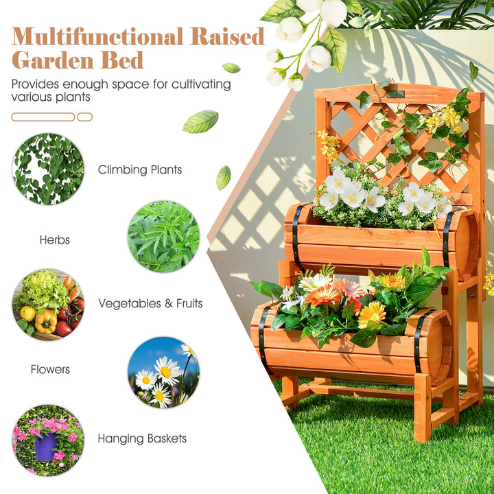 Giantex Raised Garden Bed with 2 Barrel Planters &amp; Trellis, 2-Tier Freestanding Wooden Raised Bed for Vegetable Flower Fruit