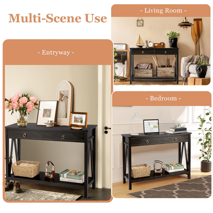 Console Table Entryway Sofa Side Table with 2 Drawers &amp; Open Shelf