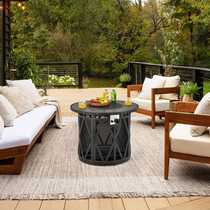 Giantex 32" Gas Fire Pit Table - 30,000 BTU Round Outdoor Fire Pit with Lid, PVC Cover, Glass Stones, Black