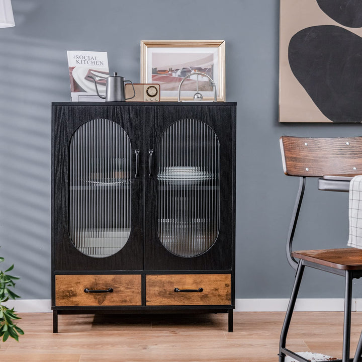 Giantex Buffet Cabinet with 2 Drawers, Wooden Sideboard, Standing 2-Tier Cupboard (Black &amp; Brown)