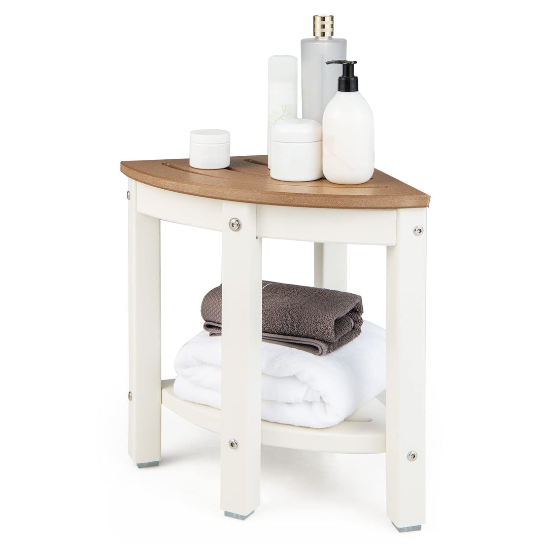 Giantex Corner Shower Stool Waterproof - HDPE Shower Bench Seat with Storage Shelf