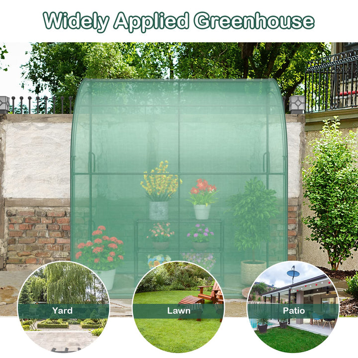 Giantex Walk-in Lean-to Greenhouse - with 3-Tier Plant Stand, 7’x 3.5’x 7’ Green House, PE Grid Cover