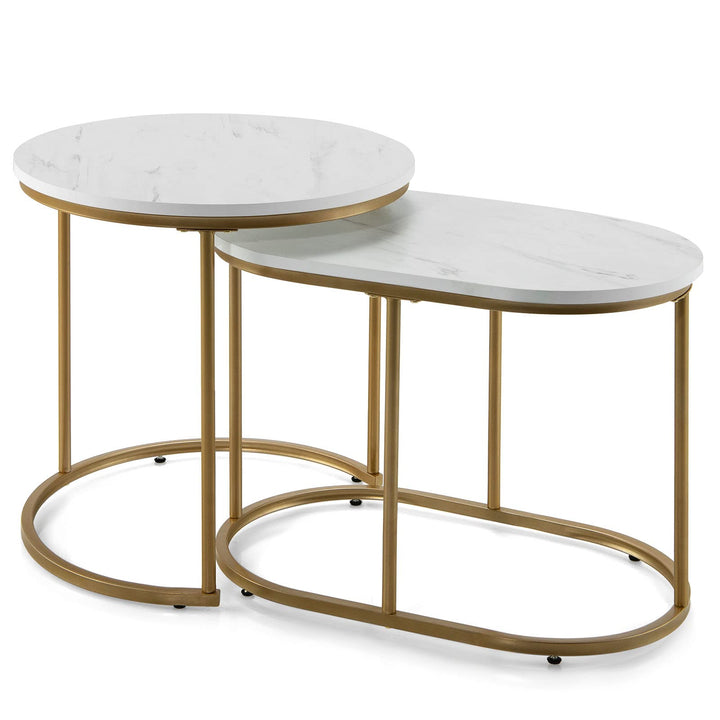 Giantex Modern Nesting Coffee Table Set of 2, Accent Marble Look Stacking Side Table for Living Room Bedroom