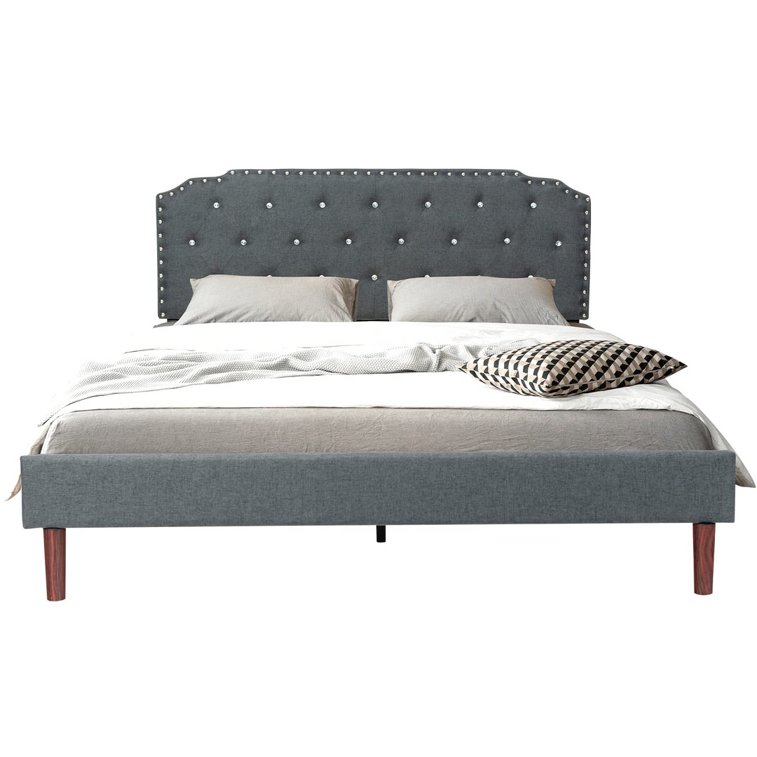 Upholstered Queen/Full Size Bed Frame w/ Adjustable Headboard, Crystal Tufted Soft Platform Bed Frame w/ Wooden Slats