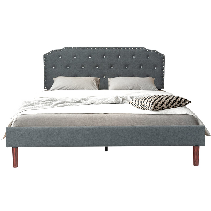 Upholstered Queen/Full Size Bed Frame w/ Adjustable Headboard, Crystal Tufted Soft Platform Bed Frame w/ Wooden Slats