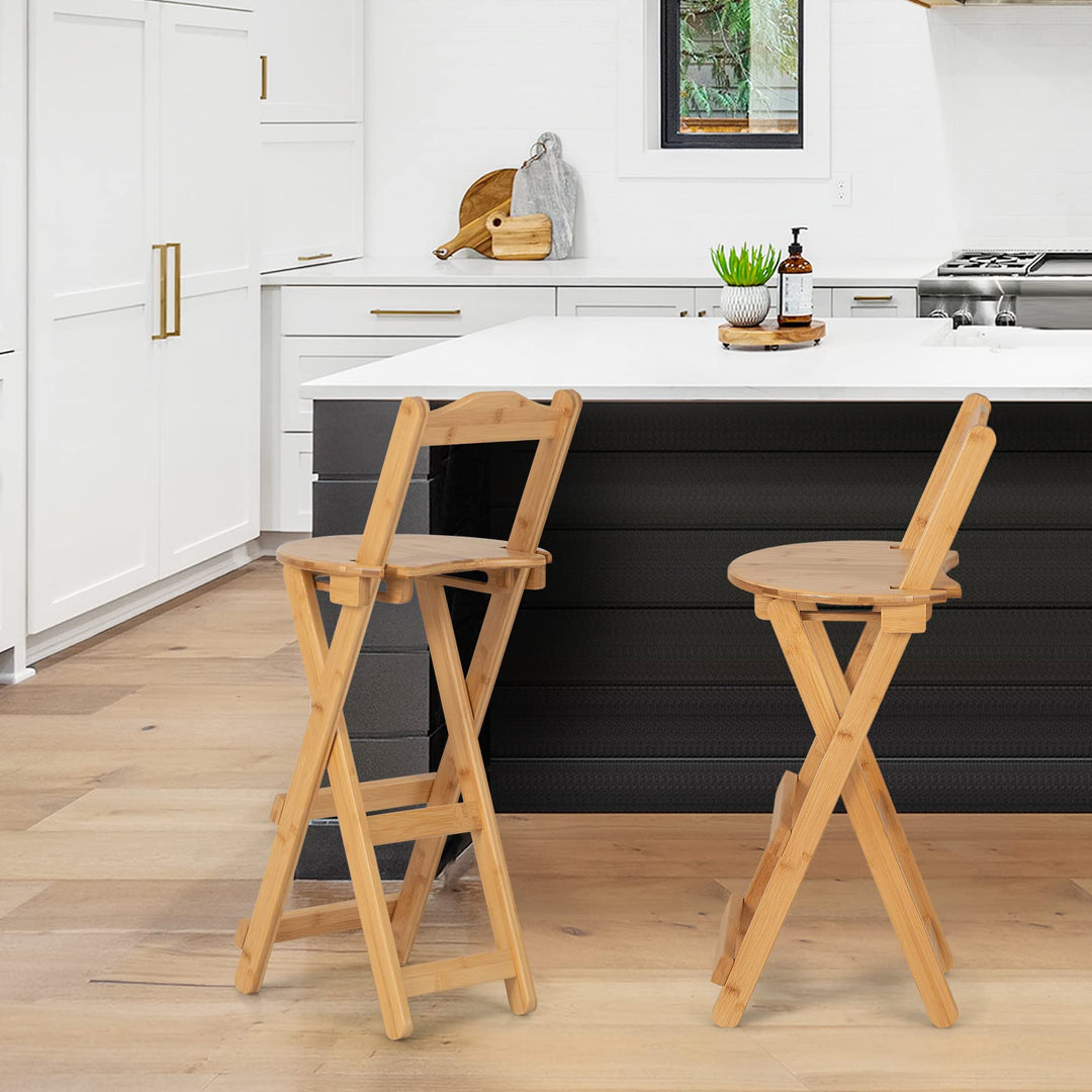 Folding Bamboo Bar Stools 24” Kitchen Counter Height Stool with Backrest &amp; Footrest