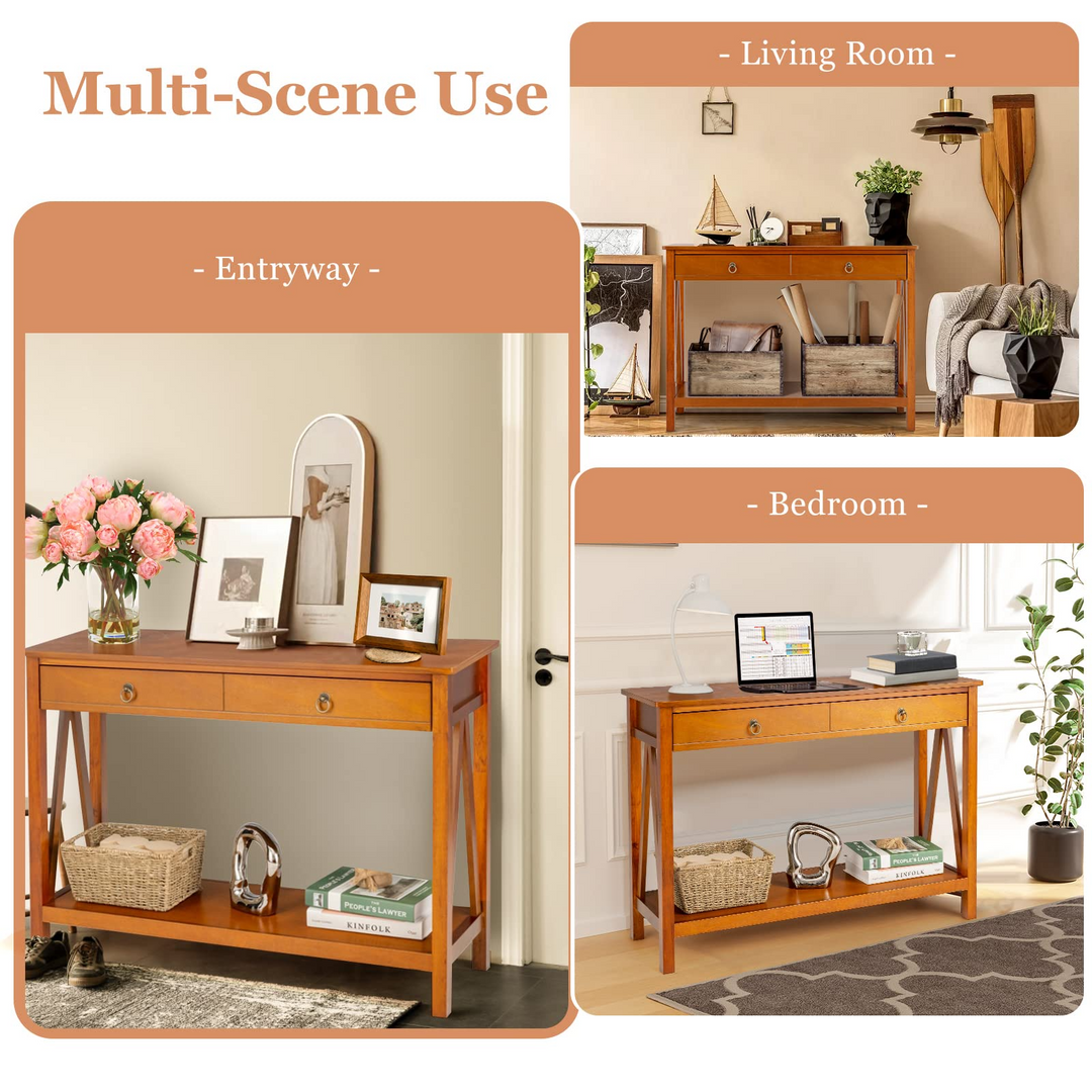 Console Table Entryway Sofa Side Table with 2 Drawers &amp; Open Shelf