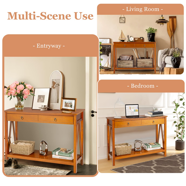 Console Table Entryway Sofa Side Table with 2 Drawers &amp; Open Shelf
