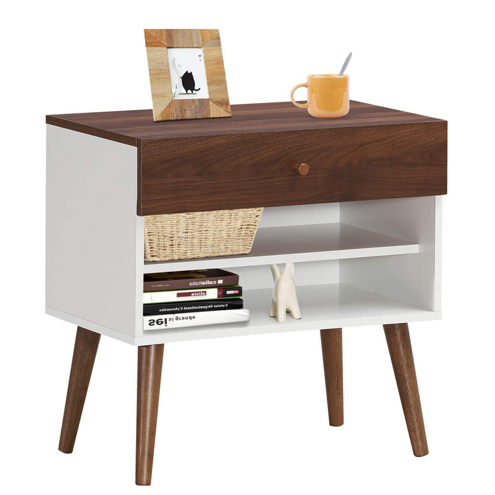 Nightstand with Drawer and Storage Shelves &amp; Rubber Wood Legs, Brown&amp;White