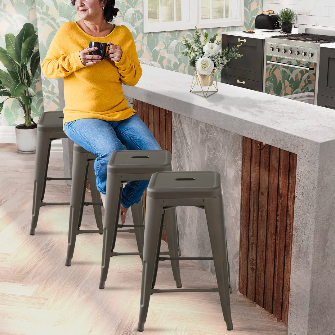 Bar Stools Set of 4, 24” or 30" Stackable Metal Stools with Square Seat &amp; Handing Hole, X-shaped Reinforced Design