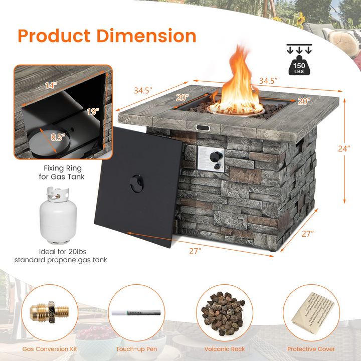 34.5" Propane Gas Fire Pit Table - Patio 2-in-1 Outdoor Square Fire Table W/ Volcanic Rock &amp; PVC Cover