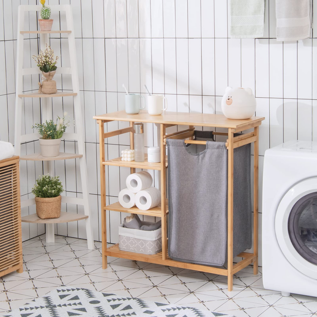 Freestanding Laundry Organizer w/ Removable Sliding Bag &amp; 3-Tier Open Shelves
