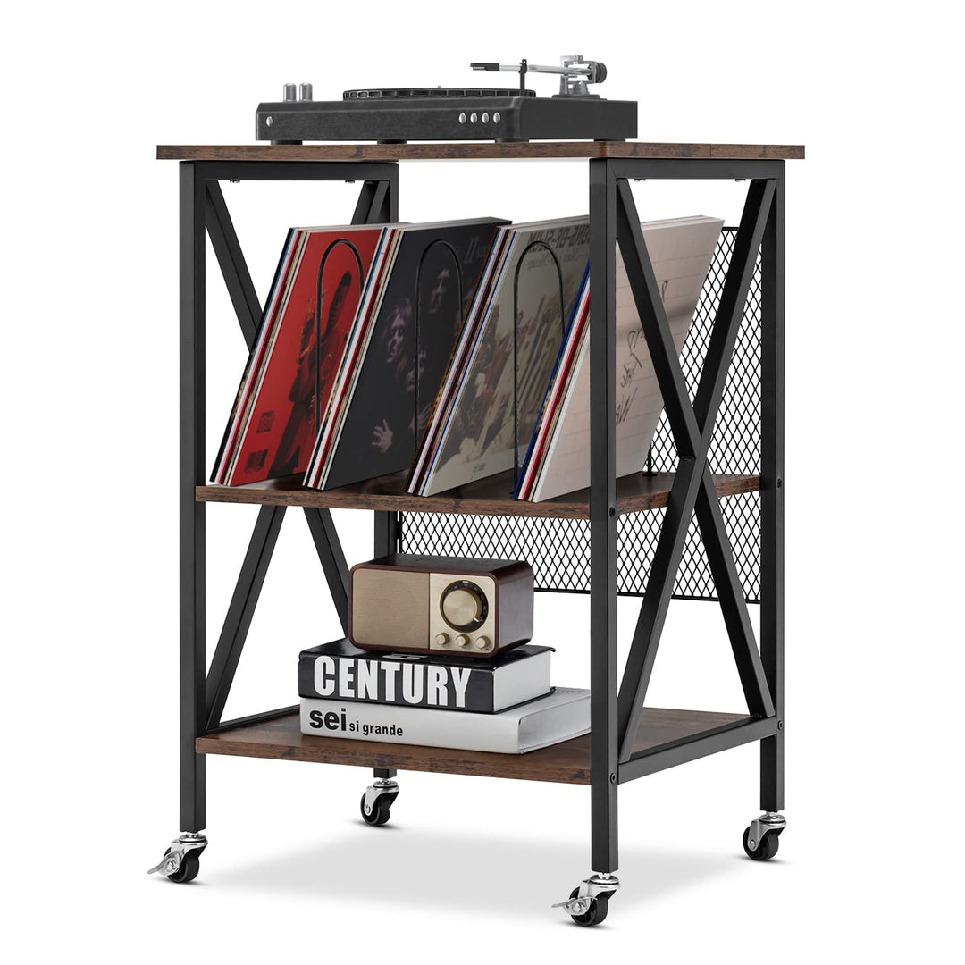 Giantex Record Player Stand, Vinyl Record Storage Table w/ 3 M-shaped Dividers &amp; 4 Rolling Wheels, Rustic Brown