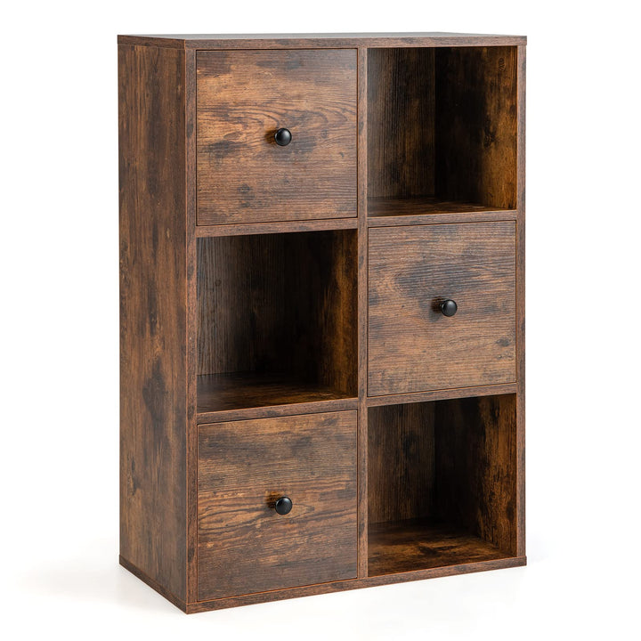 Giantex 6-Cube Bookcase with Drawers, 3-Tier Freestanding Wooden Bookshelf with Anti-toppling Device