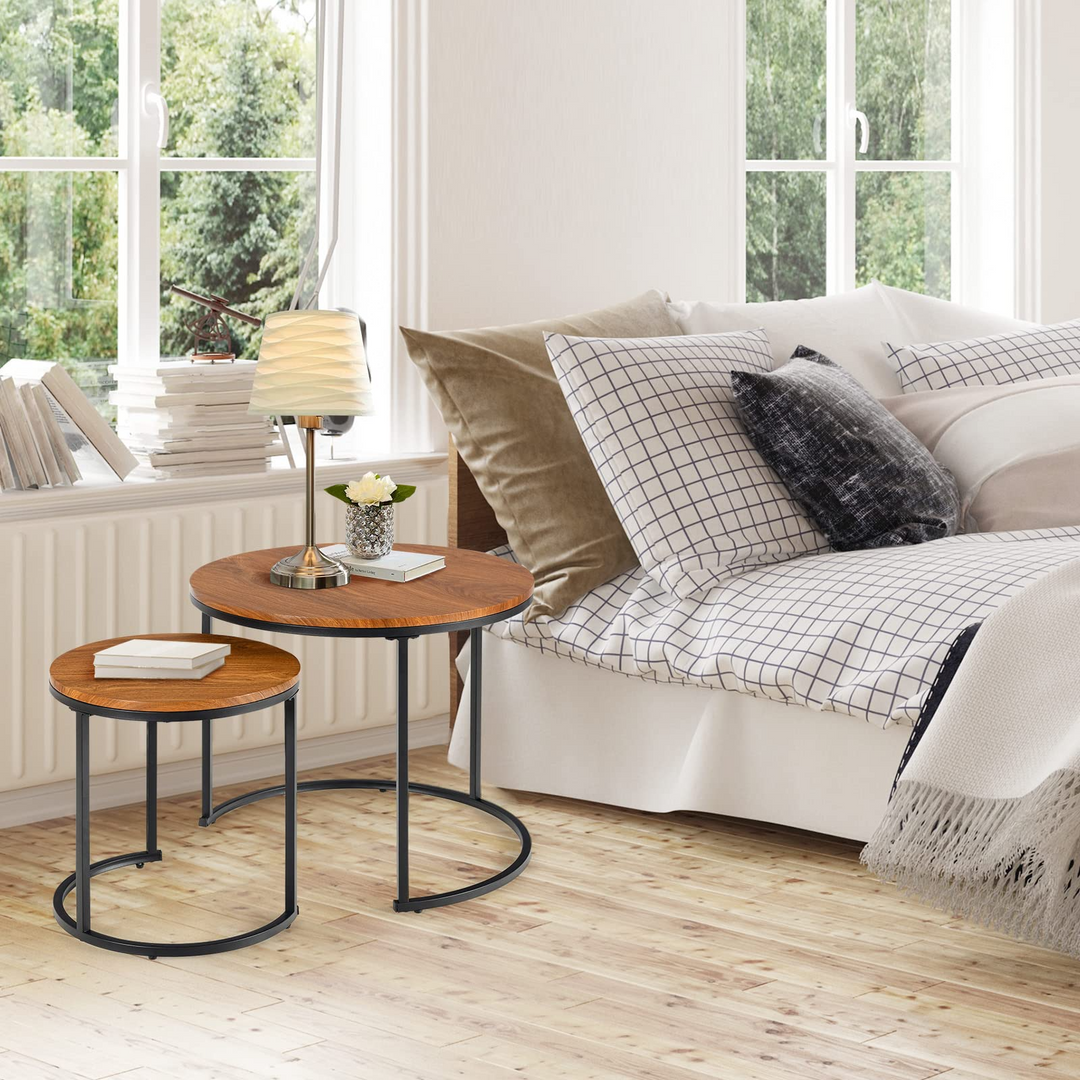 Nesting Coffee Table Set of 2, Round Stacking Side Tables w/Wooden Tabletop &amp; Steel Frame
