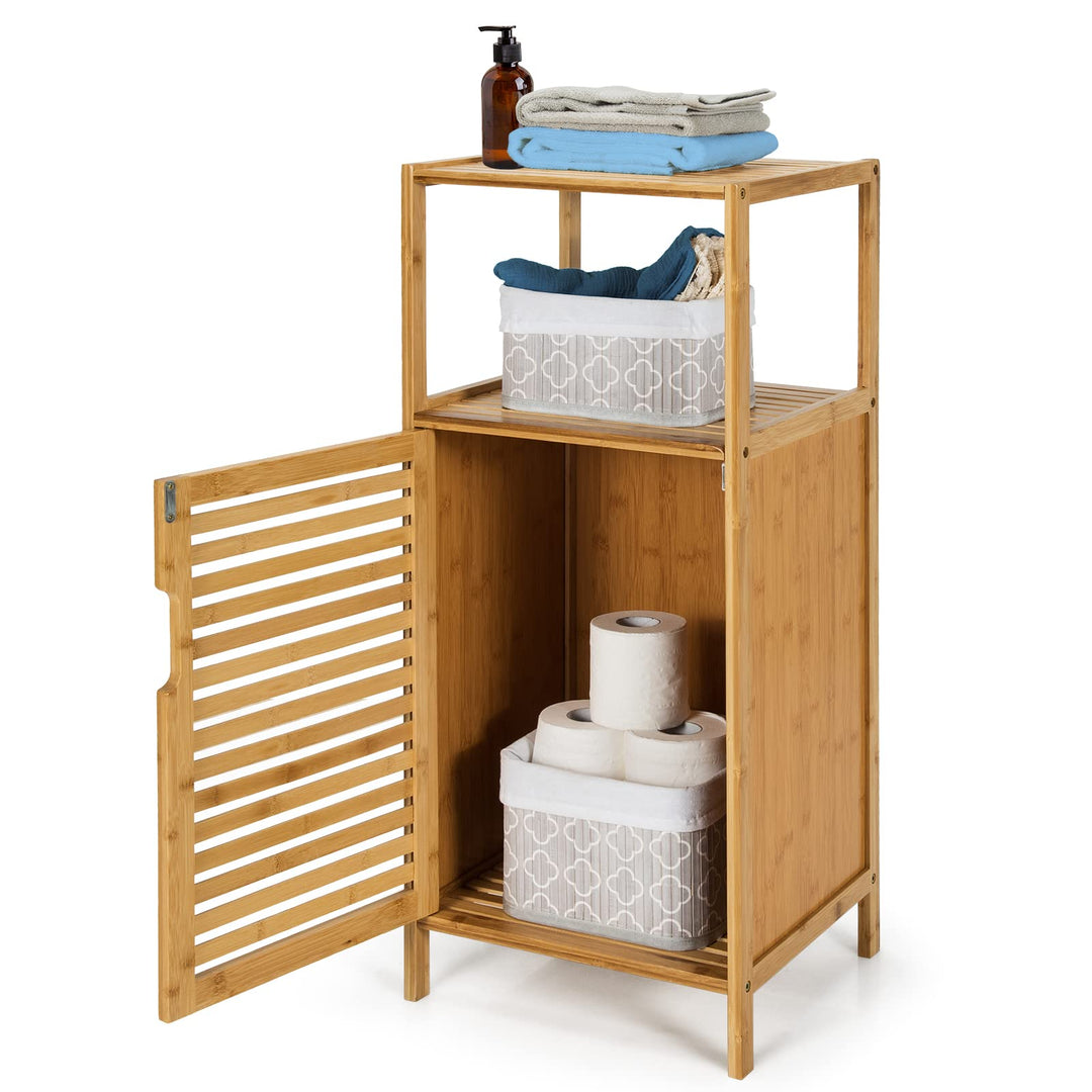 Giantex Bathroom Floor Cabinet, Bamboo Storage Cabinet w/Single Door &amp; Open Shelves