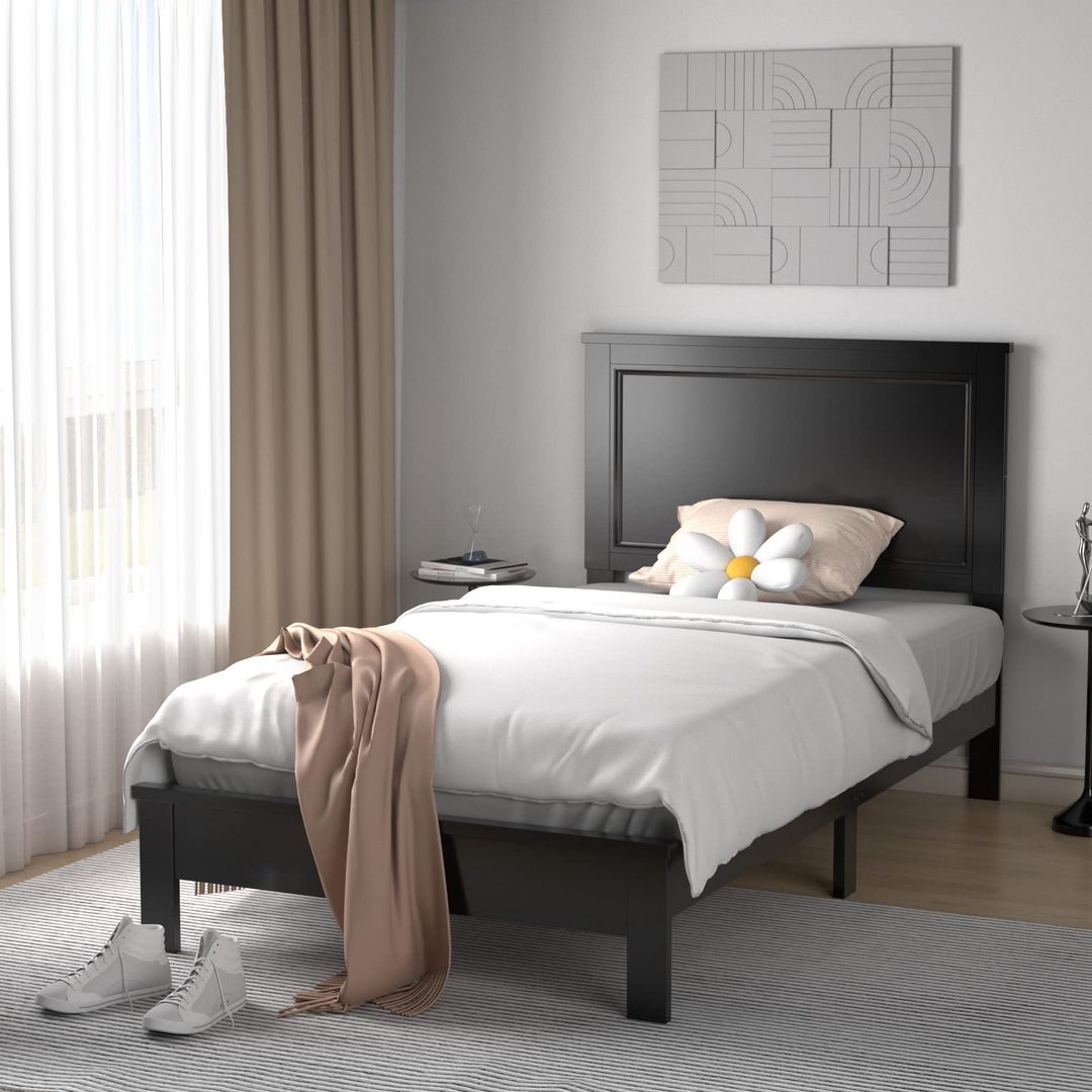 Queen/Full/Twin Size Platform Bed w/ Rubber Wood Legs &amp; Integrated Headboard | Wooden Bed Frame