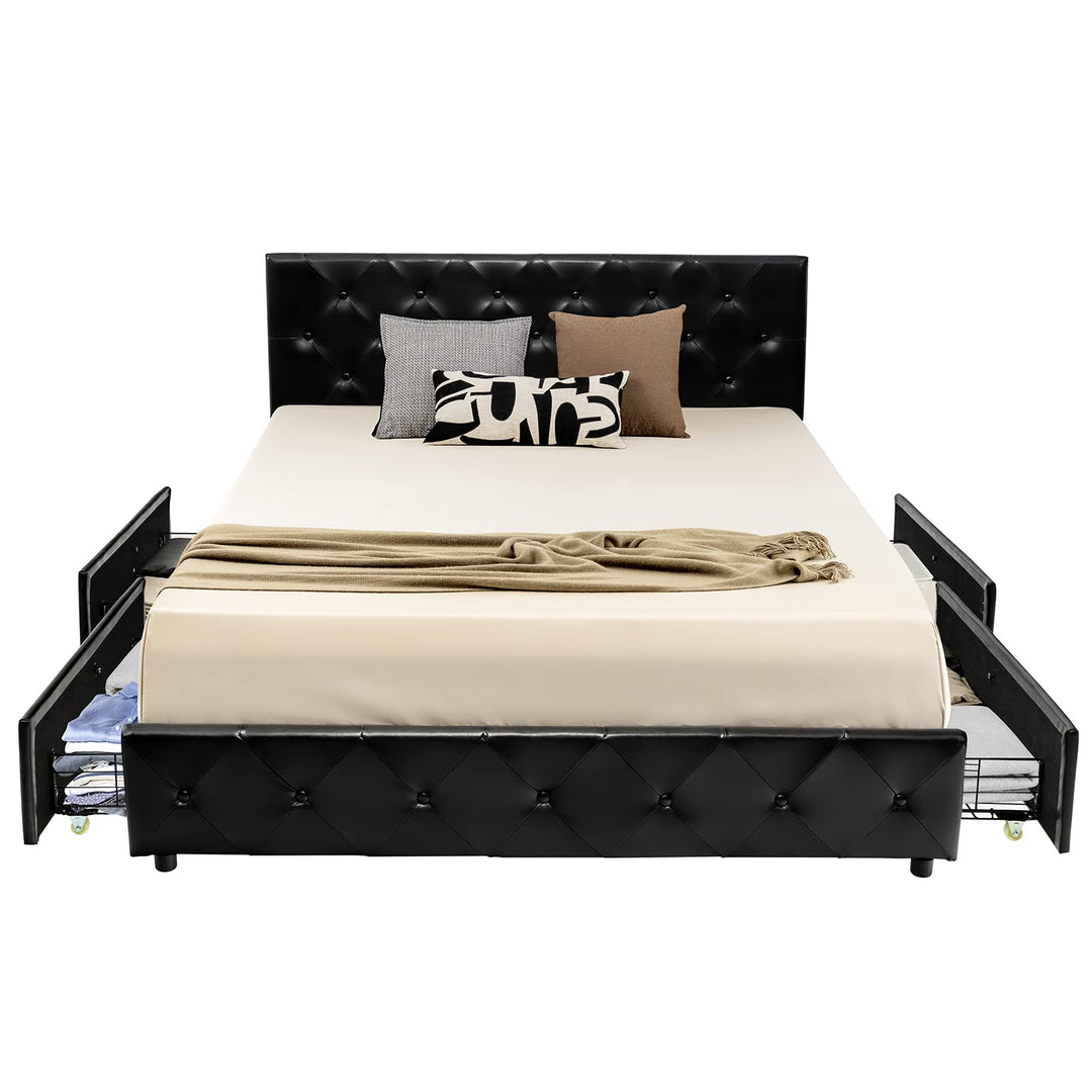 Full/Queen PU Leather Upholstered Platform Bed with 4 Drawers