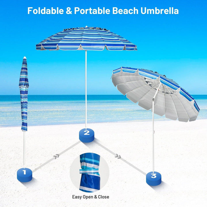 8 Ft Beach Umbrella, Patio Sunshade Umbrella with Sand Anchor &amp; Tilt Mechanism, 16 Fiberglass Ribs - Giantexus