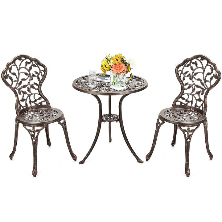 3 Piece Bistro Set Cast Leaf Design Antique Outdoor Patio Furniture Weather Resistant Garden Round Table and Chairs (Leaf Design) - Giantexus